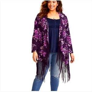 NWT TORRID SIZE 2 PURPLE FLORAL FRINGE KIMONO